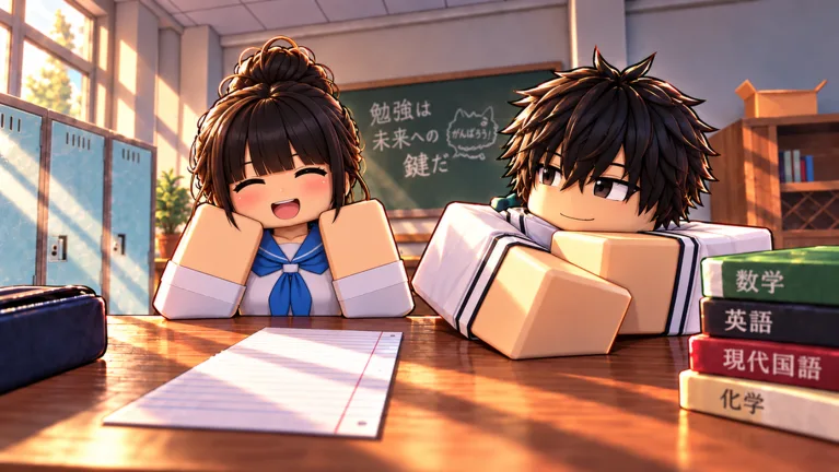 Official Anime High School RP artwork of two Roblox students at a classroom desk
